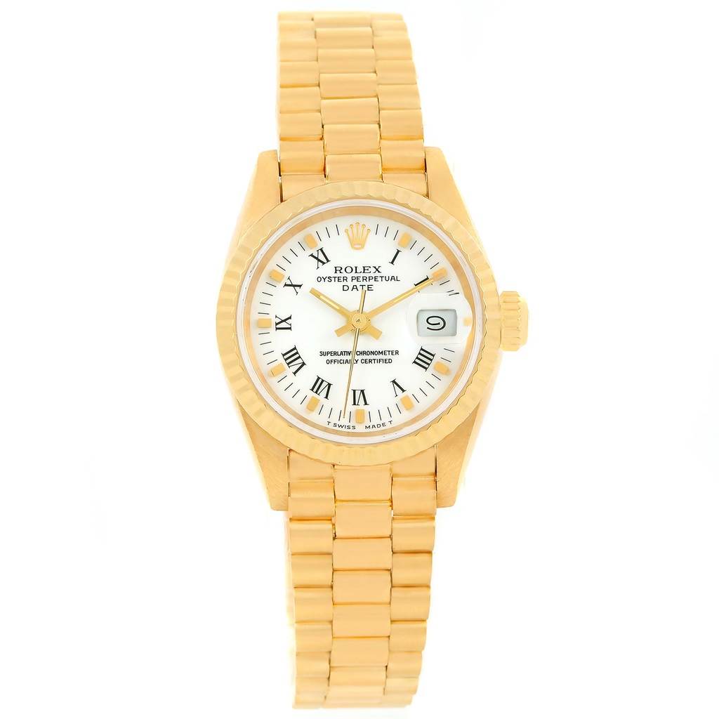 The image shows a full front view of a Rolex President 69178 Women's Yellow Gold White Dial 69178 Women's Yellow Gold White Dial model watch, highlighting its face, case, and bracelet.