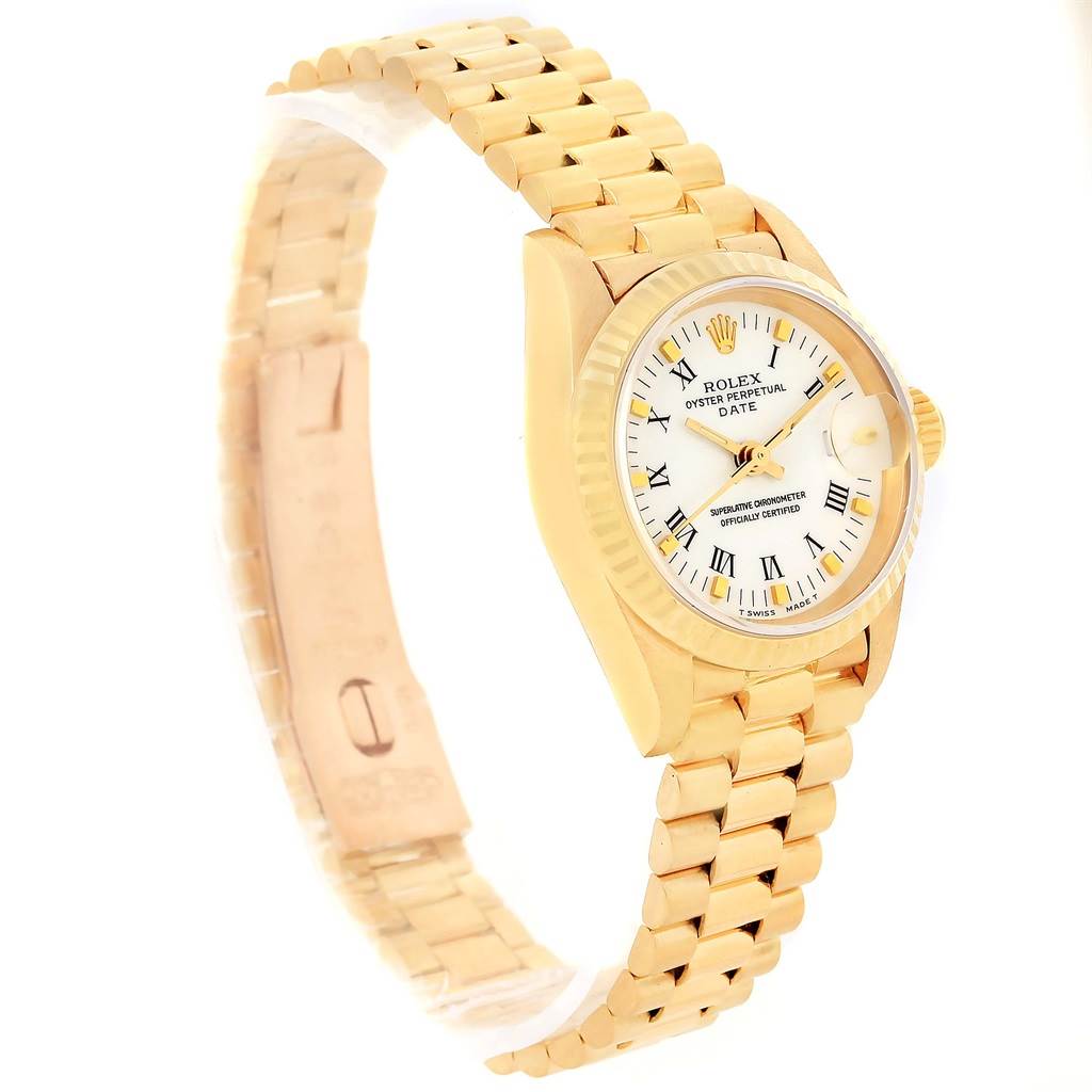 The image shows a side angle of a Rolex President 69178 Women's Yellow Gold White Dial 69178 Women's Yellow Gold White Dial watch, featuring its gold case, bracelet, and white dial.