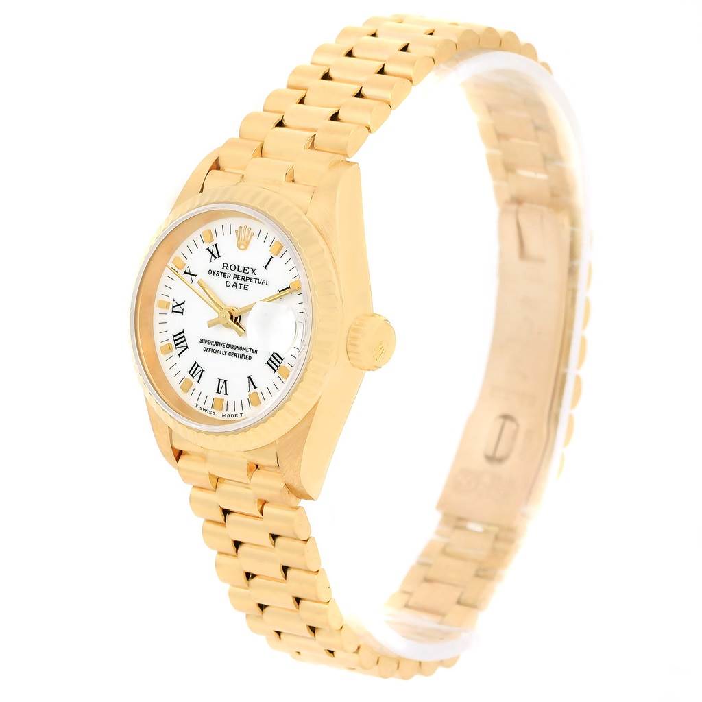 The image shows a Rolex President 69178 Women's Yellow Gold White Dial 69178 Women's Yellow Gold White Dial model watch angled slightly from above, displaying its gold bracelet, case, crown, and white dial with Roman numerals.