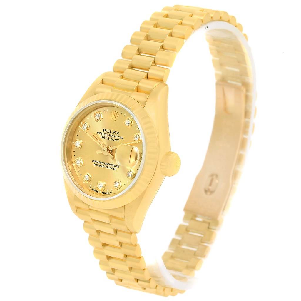 The Rolex President 69178 Women's Yellow Gold Champagne Dial 69178 Women's Yellow Gold Champagne Dial model watch is shown at a slightly tilted side angle displaying the gold bracelet, dial, crown, and face.