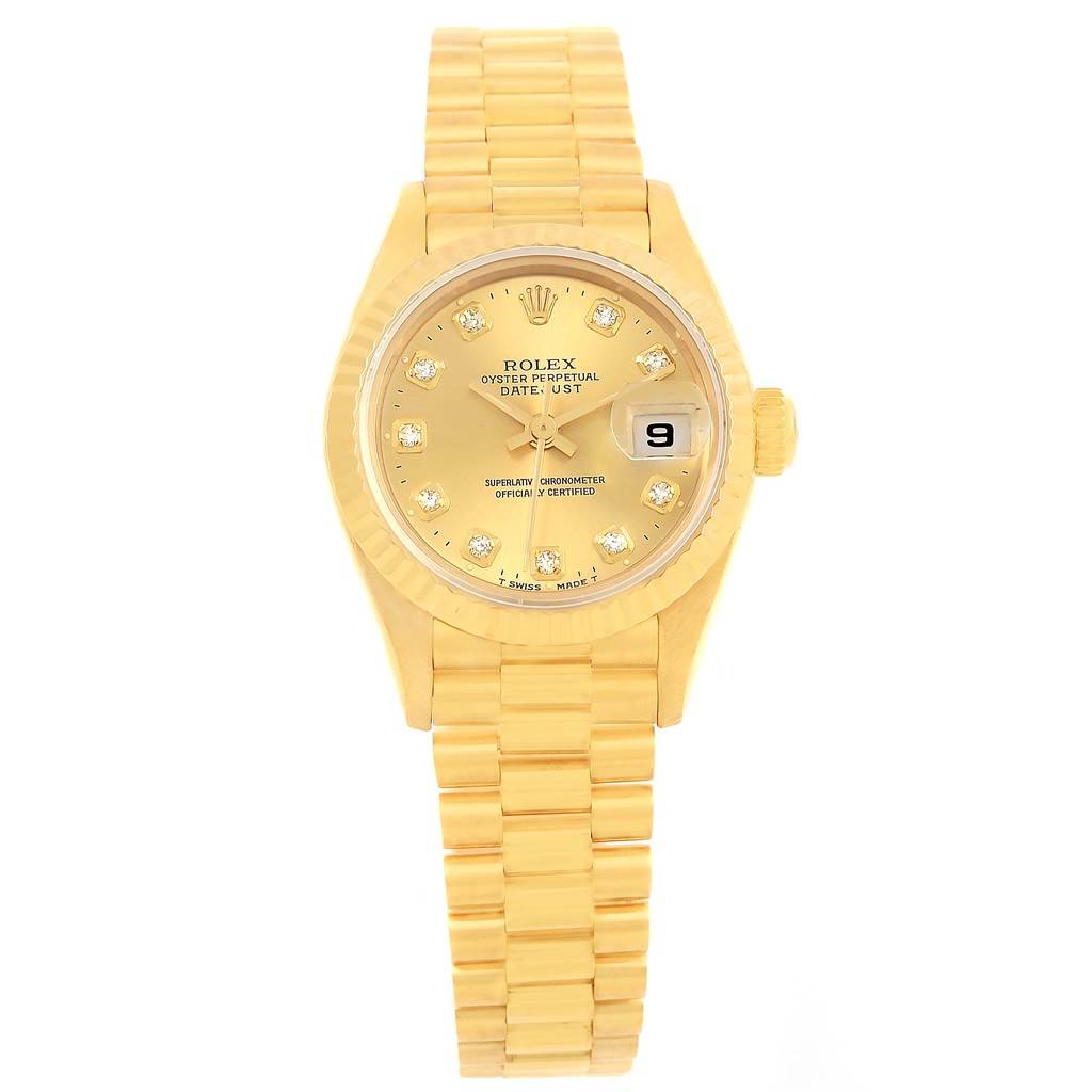 This image shows a front view of the Rolex President 69178 Women's Yellow Gold Champagne Dial 69178 Women's Yellow Gold Champagne Dial watch model, displaying its face, bracelet, and crown.