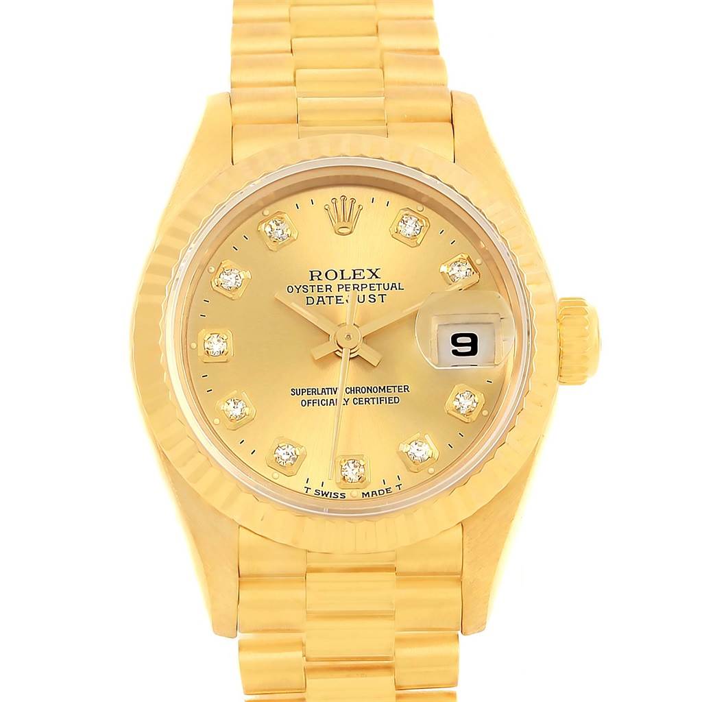 This image shows a front view of the Rolex President 69178 Women's Yellow Gold Champagne Dial 69178 Women's Yellow Gold Champagne Dial model watch, featuring its golden bracelet, dial, and date function.