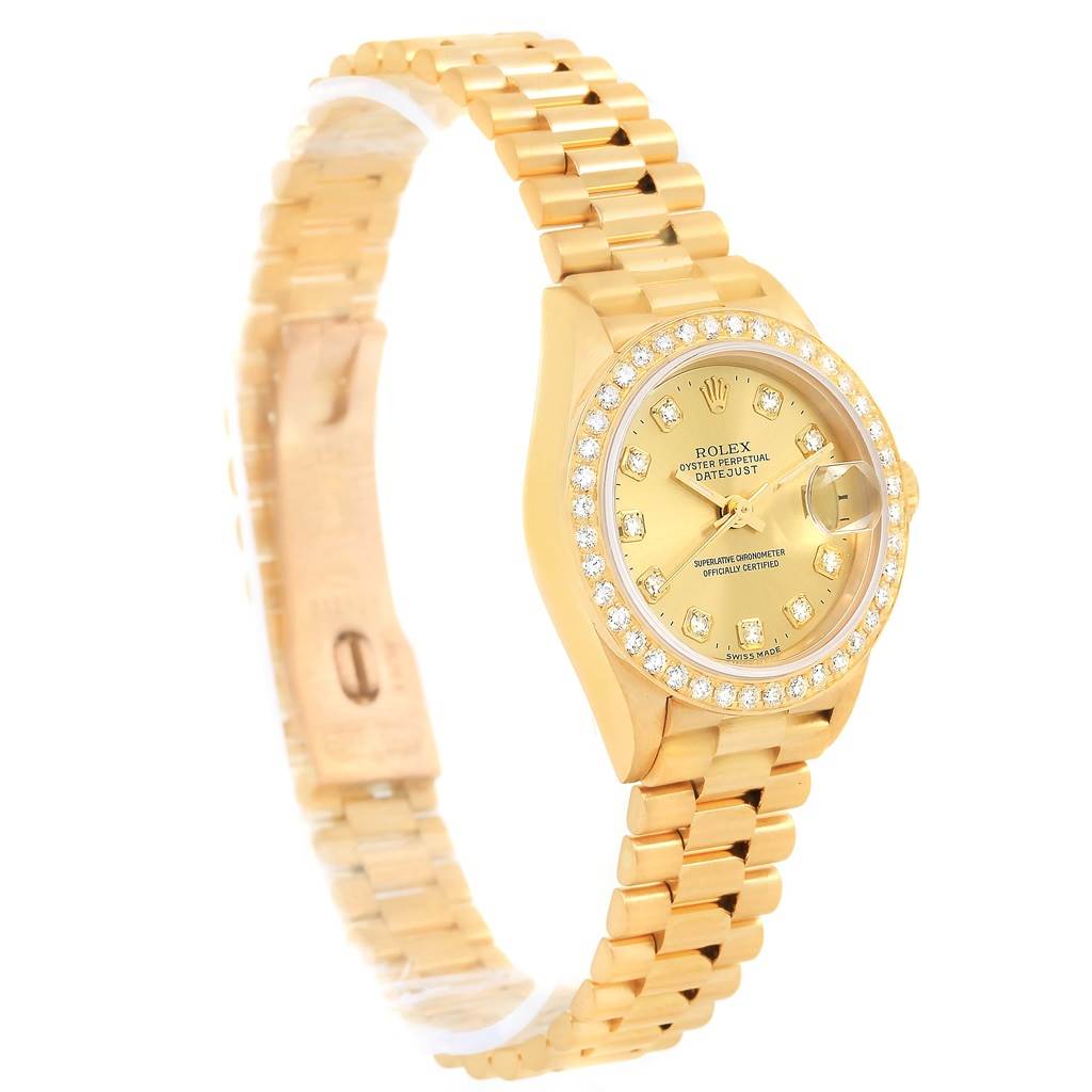 The image shows a Rolex President 69178 Women's Yellow Gold Champagne Dial 69178 Women's Yellow Gold Champagne Dial model watch, highlighting the face, bezel, and part of the bracelet at an angle.