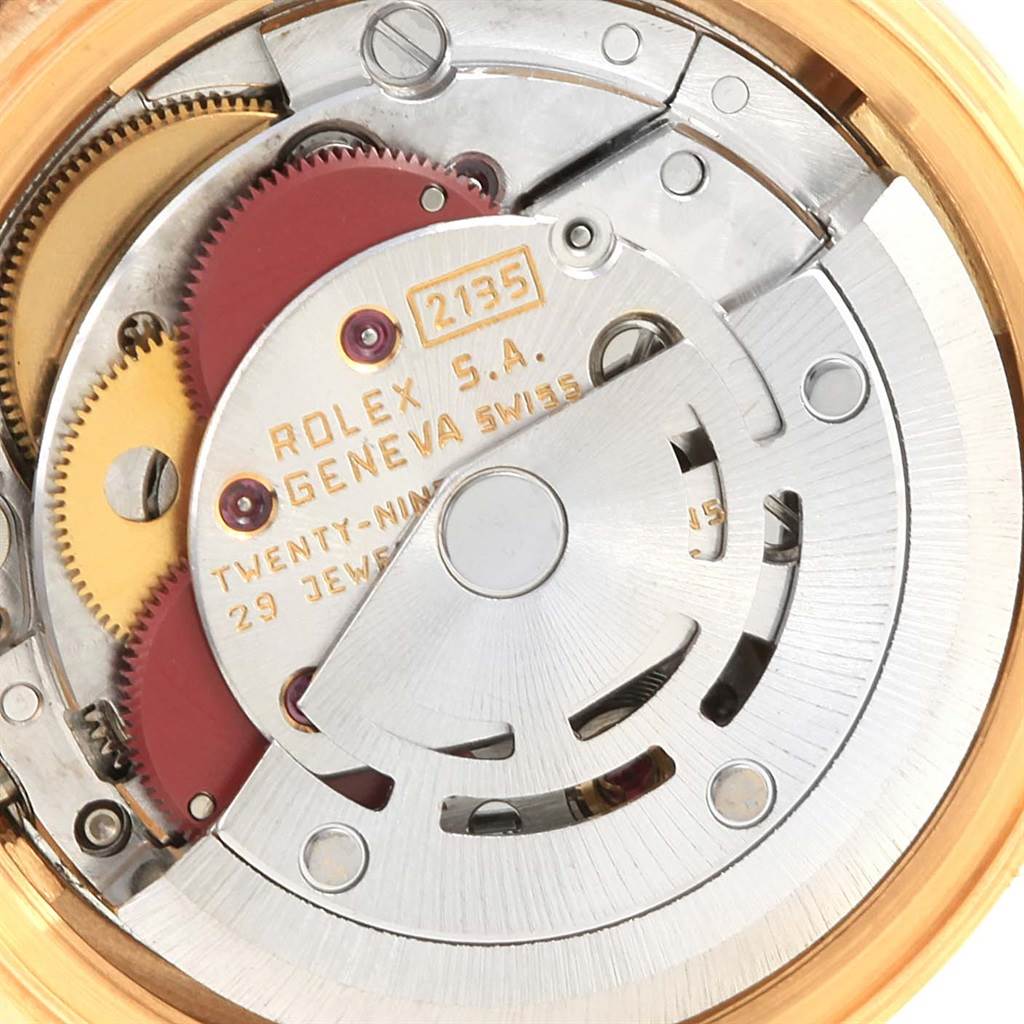 The image shows a close-up of the movement mechanism and inner components of a Rolex President 69178 Women's Yellow Gold Champagne Dial 69178 Women's Yellow Gold Champagne Dial model watch.
