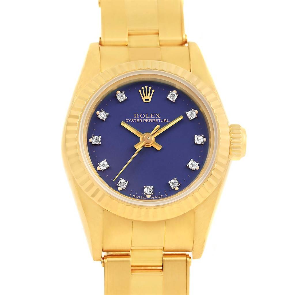 The Rolex President 67198 Women's Yellow Gold Blue Dial 67198 Women's Yellow Gold Blue Dial model watch shows a frontal view with a gold case, blue dial, and diamond hour markers.