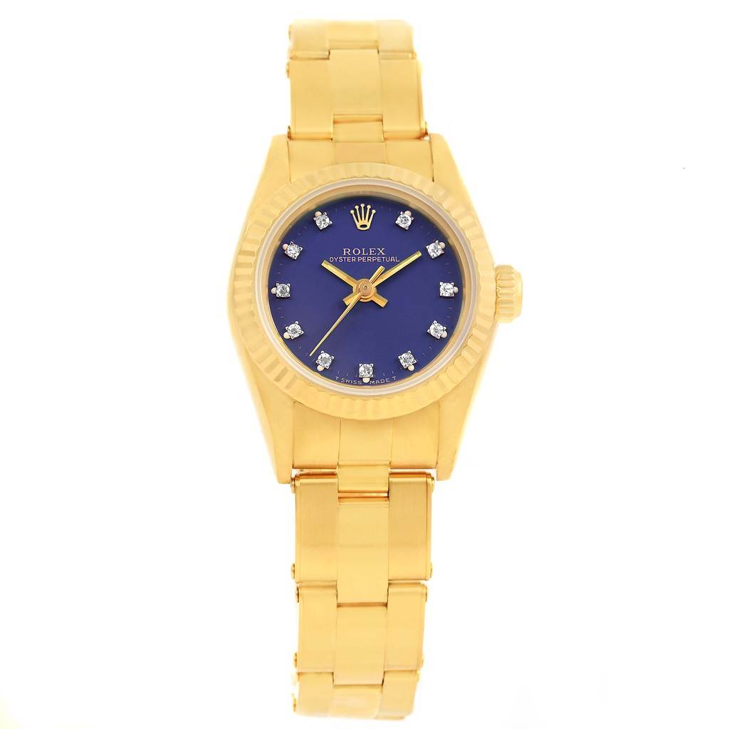This is a frontal view of a Rolex President 67198 Women's Yellow Gold Blue Dial 67198 Women's Yellow Gold Blue Dial model watch, showing the dial, hands, bezel, and bracelet.