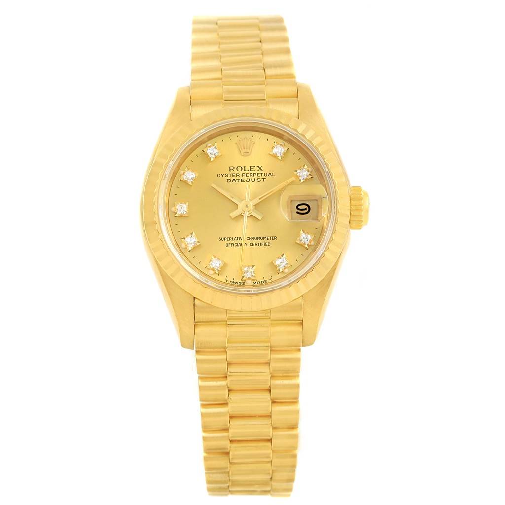 The image shows a Rolex President 69178 Women
s Yellow Gold Champagne Dial 69178 Women
s Yellow Gold Champagne Dial model watch, featuring a gold case, bracelet, and a date display at 3 o
clock.