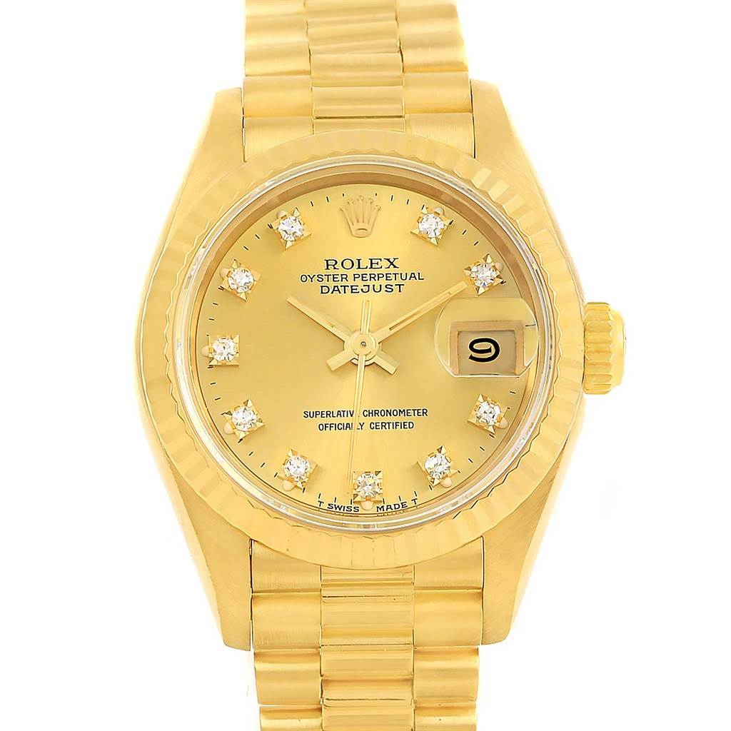 This image displays a front view of a Rolex President 69178 Women
s Yellow Gold Champagne Dial 69178 Women
s Yellow Gold Champagne Dial model watch, showcasing its dial, bracelet, and date window.
