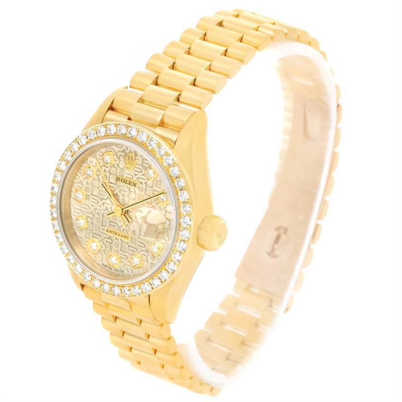 This image shows a Rolex President 79178 Women's Yellow Gold Silver Dial 79178 Women's Yellow Gold Silver Dial model watch from a slight side angle, highlighting the dial, bezel, and part of the bracelet.