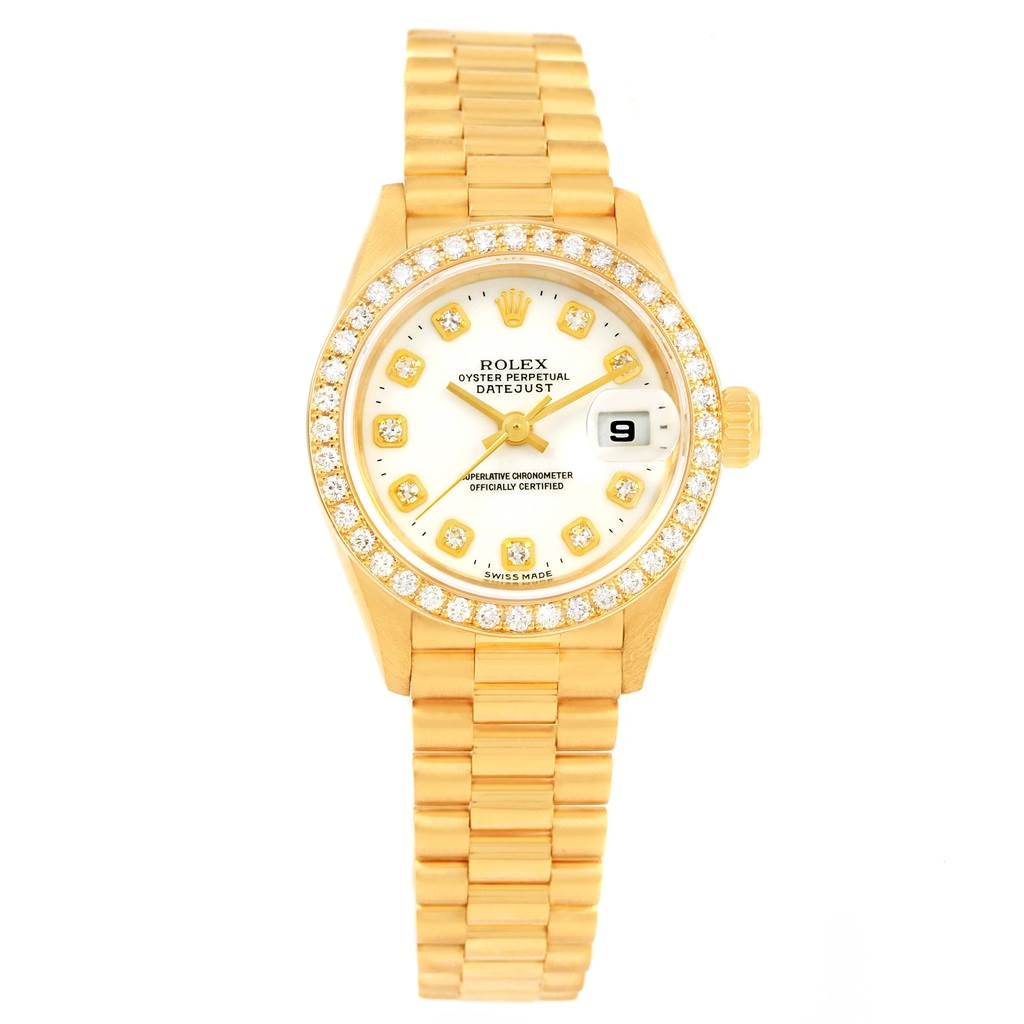 The image shows a front view of the Rolex President 69138 Women
s Yellow Gold White Dial 69138 Women
s Yellow Gold White Dial model watch, highlighting the dial, bezel, and bracelet.