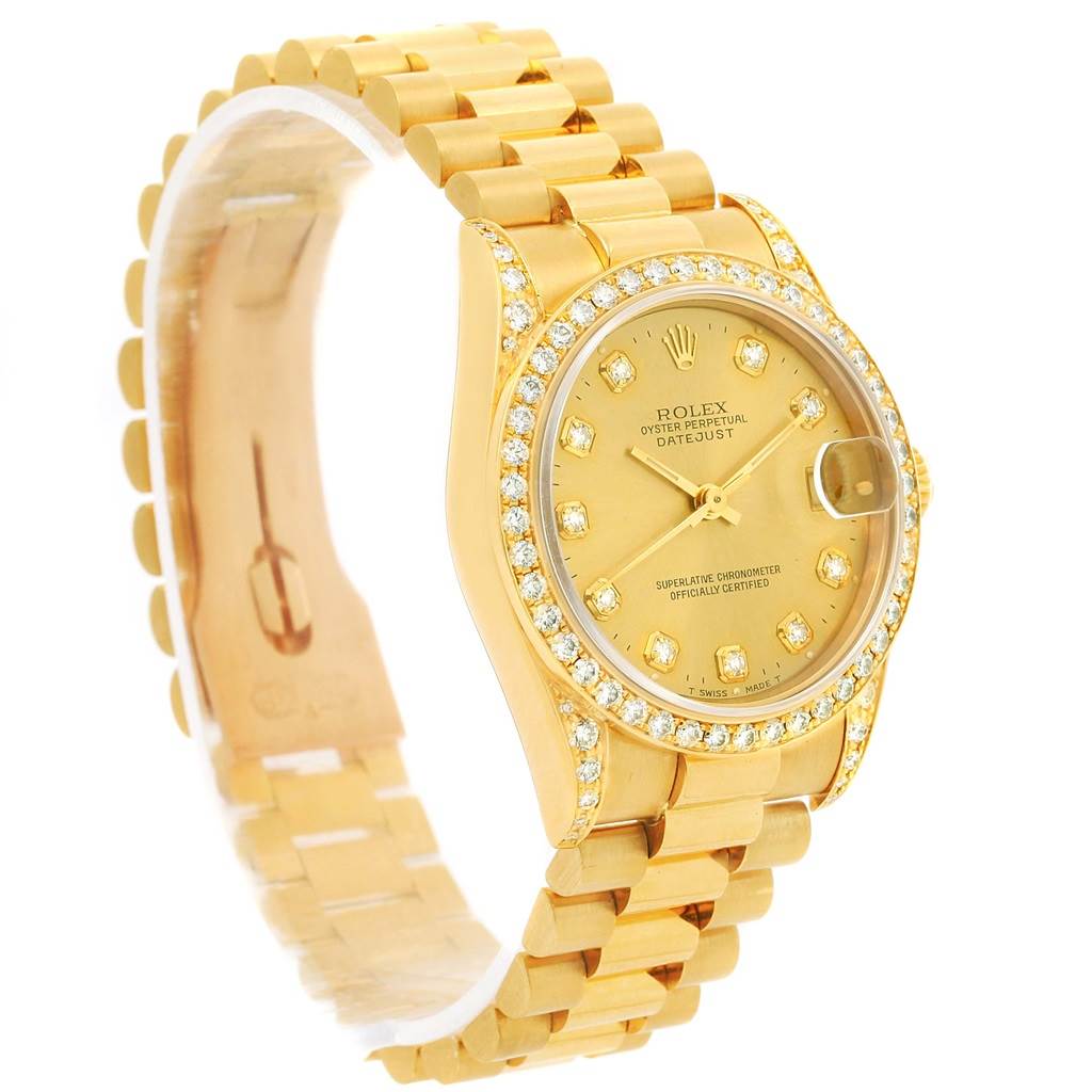 The Rolex President 68158 Women's Yellow Gold Champagne Dial 68158 Women's Yellow Gold Champagne Dial model watch is shown at an angle highlighting its gold bracelet, diamond-studded bezel, and dial.