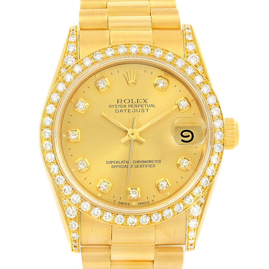 The image shows a frontal view of a Rolex President 68158 Women's Yellow Gold Champagne Dial 68158 Women's Yellow Gold Champagne Dial Datejust watch, highlighting its gold finish, diamond bezel, and bracelet.