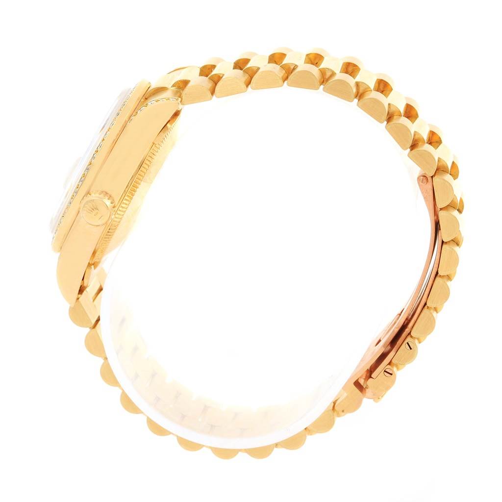 The image shows the side profile and bracelet of a Rolex President 68158 Women's Yellow Gold Champagne Dial 68158 Women's Yellow Gold Champagne Dial model watch.