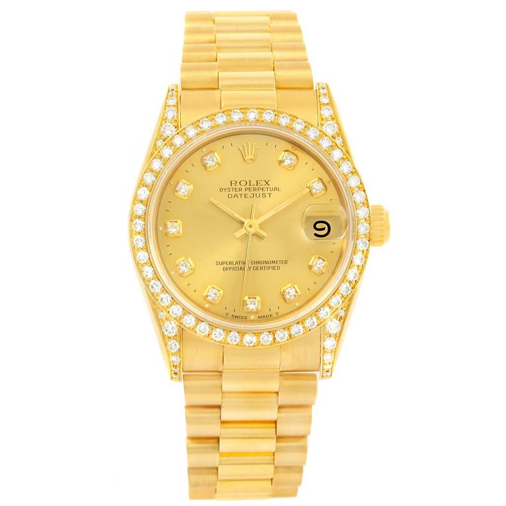 The Rolex President 68158 Women's Yellow Gold Champagne Dial 68158 Women's Yellow Gold Champagne Dial model watch is shown from the front, displaying its bezel, dial, and bracelet.
