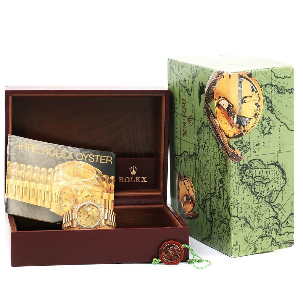 The image shows the open box of a Rolex President 68158 Women's Yellow Gold Champagne Dial 68158 Women's Yellow Gold Champagne Dial model watch with its booklet and outer packaging.