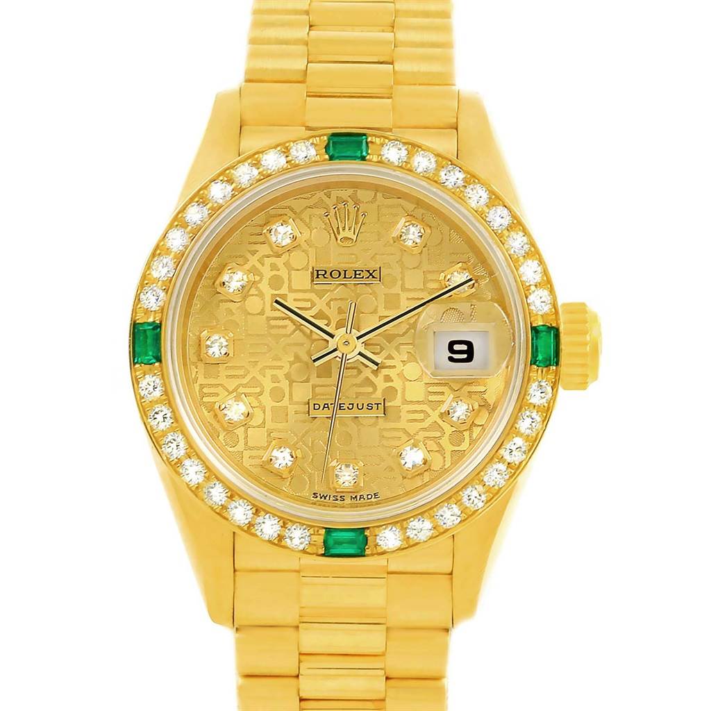 This image of a Rolex President 69078 Women's Yellow Gold Champagne Dial 69078 Women's Yellow Gold Champagne Dial model watch shows a frontal view, highlighting the dial, hands, date display, and part of the bracelet.