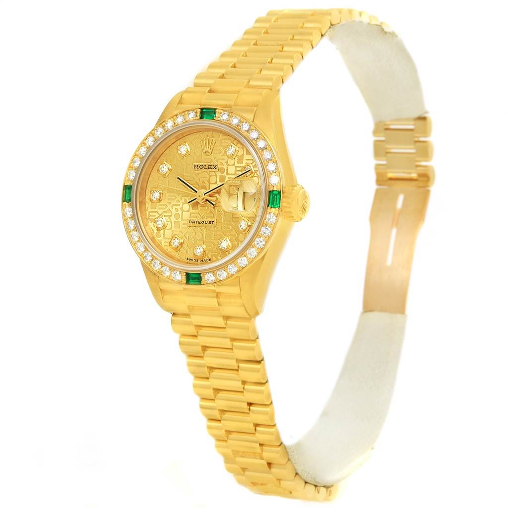 This is a frontal view of the Rolex President 69078 Women's Yellow Gold Champagne Dial 69078 Women's Yellow Gold Champagne Dial model watch, showcasing its gold bracelet, diamond bezel, and face details.