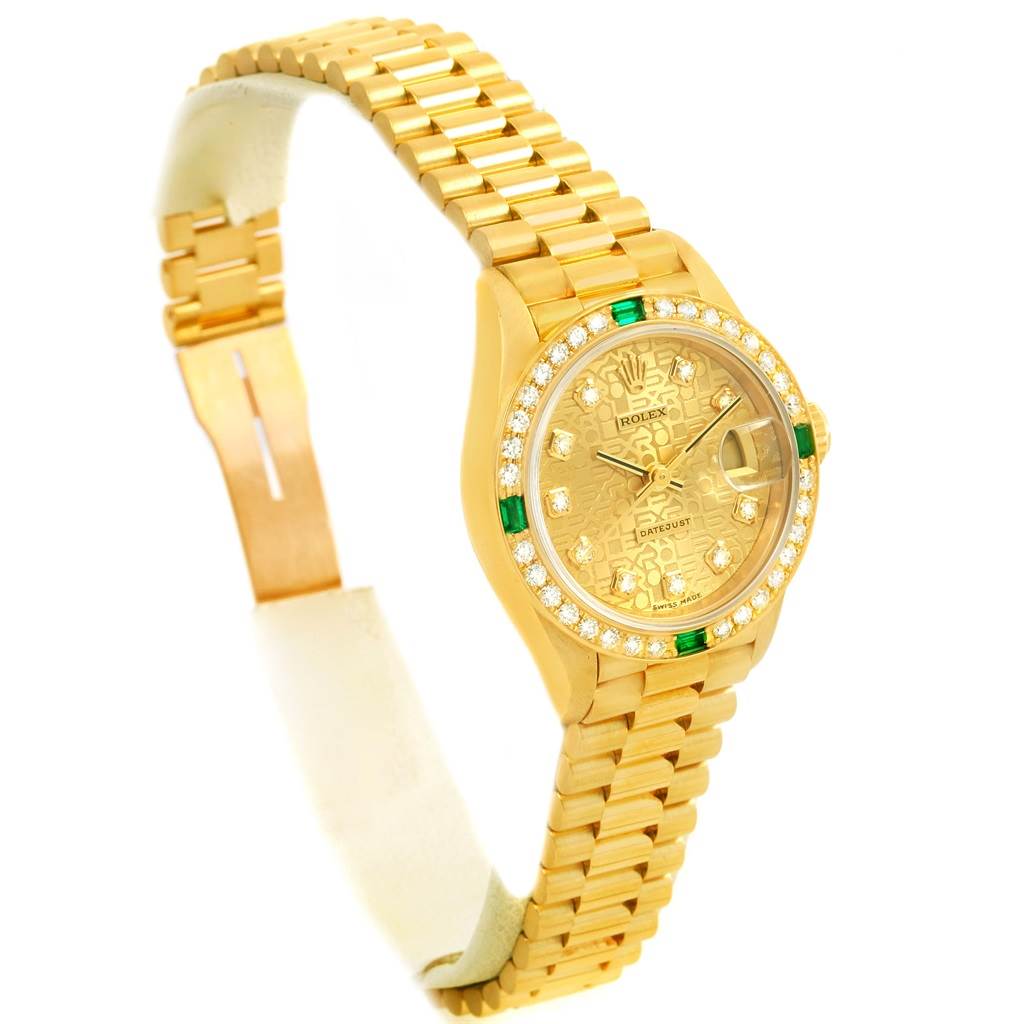 The image showcases a Rolex President 69078 Women's Yellow Gold Champagne Dial 69078 Women's Yellow Gold Champagne Dial model watch from a slight side angle, highlighting its gold bracelet, bezel, and dial.