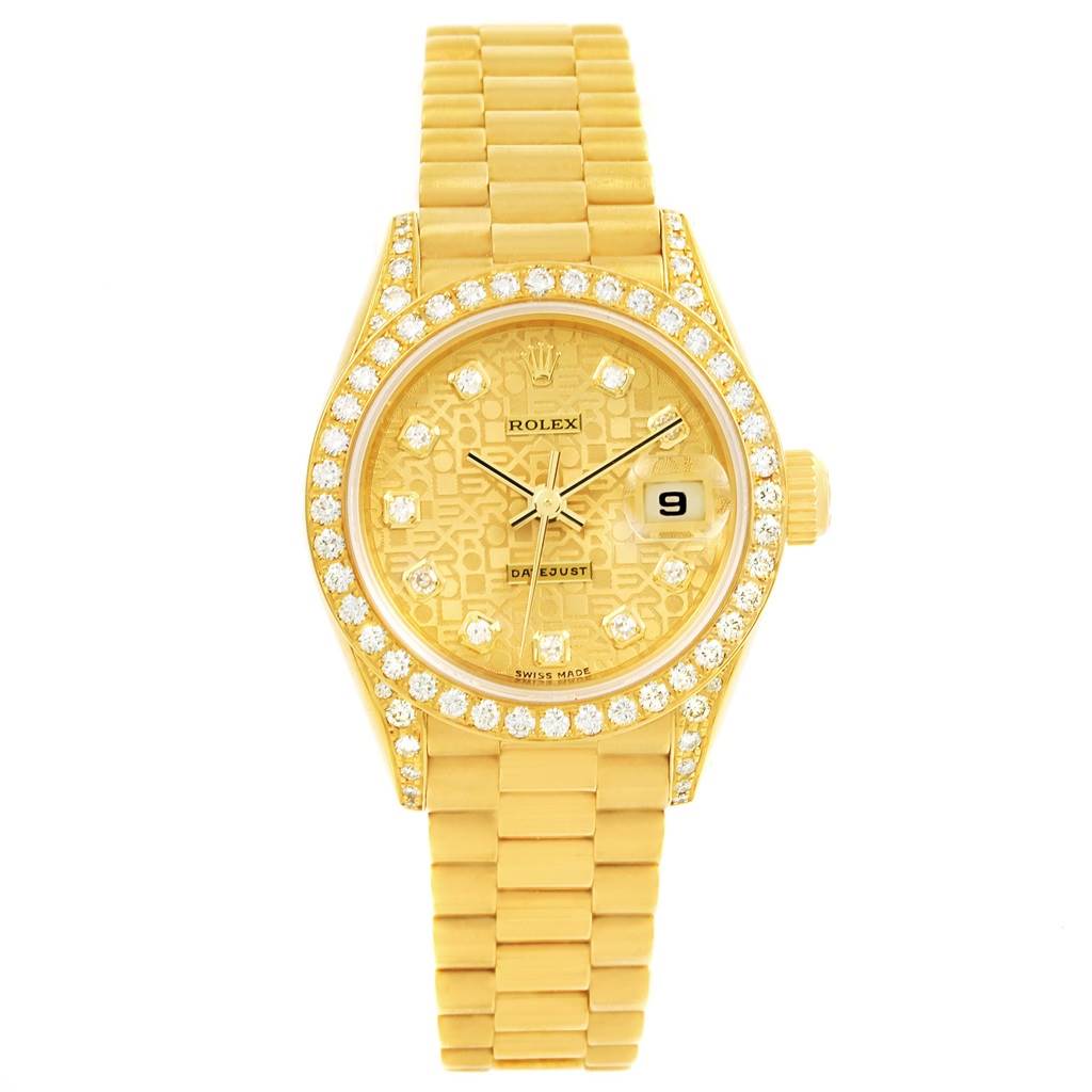 The Rolex President 69158 Women's Yellow Gold Champagne Dial 69158 Women's Yellow Gold Champagne Dial model watch is shown from a front angle, displaying its face, bezel with diamonds, and bracelet.