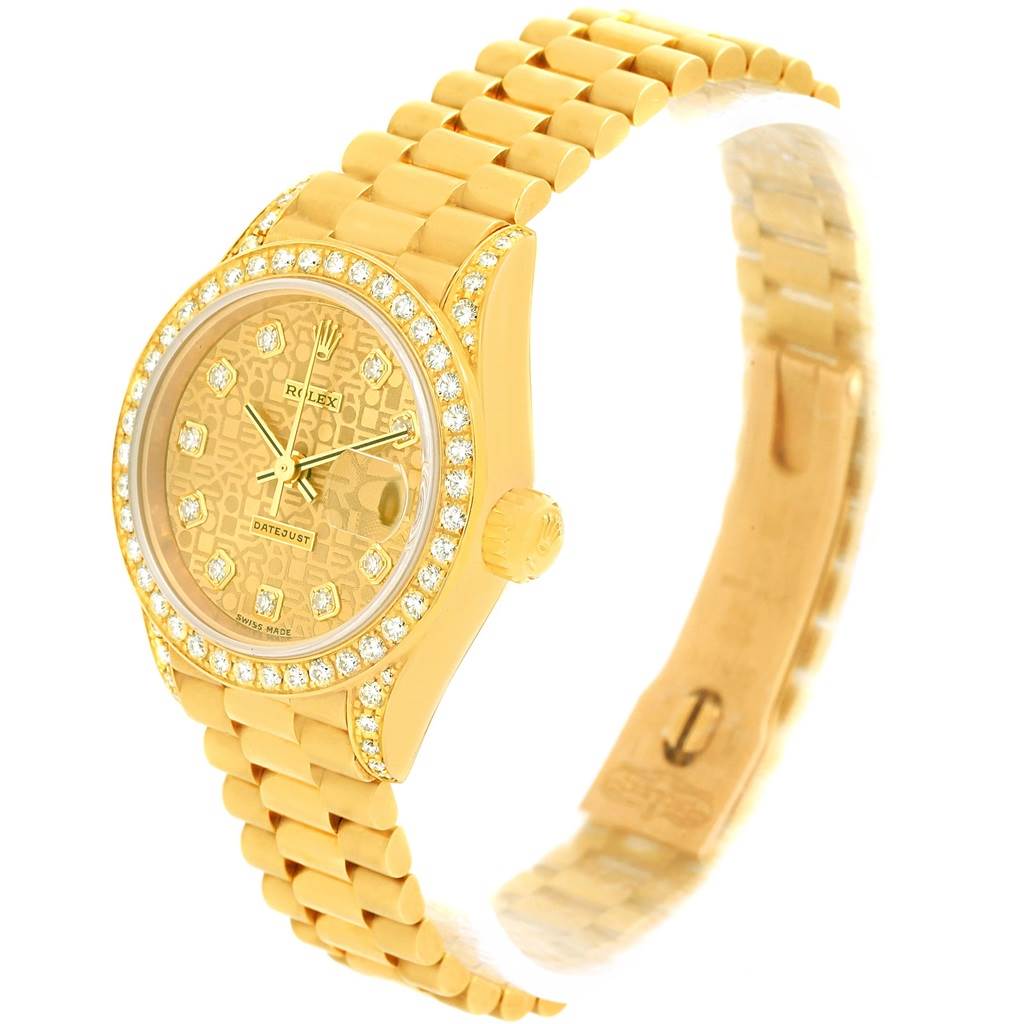 This Rolex President 69158 Women's Yellow Gold Champagne Dial 69158 Women's Yellow Gold Champagne Dial model watch is shown from a slight side angle, highlighting its gold bracelet, bezel, and diamond accents.