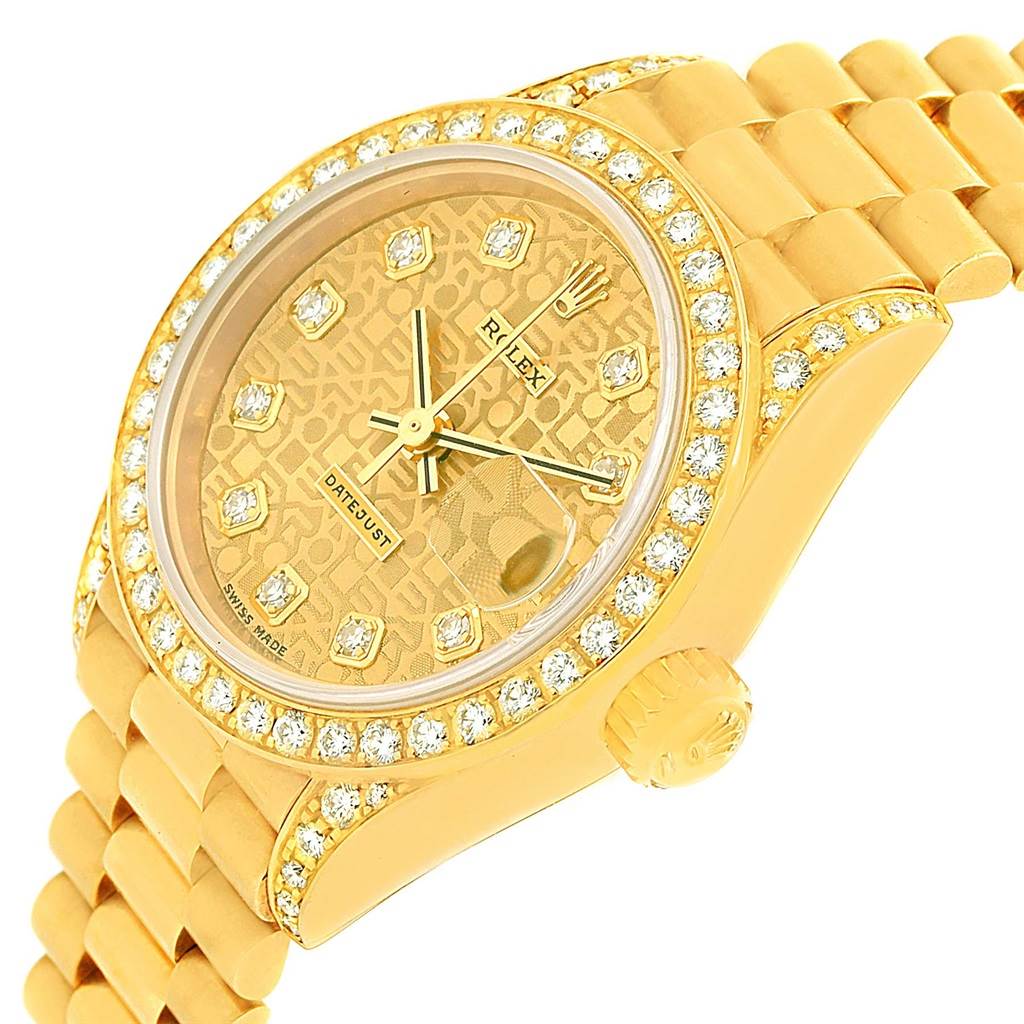 This image shows a close-up side angle of a Rolex President 69158 Women's Yellow Gold Champagne Dial 69158 Women's Yellow Gold Champagne Dial model watch highlighting the dial, bezel, and part of the bracelet.