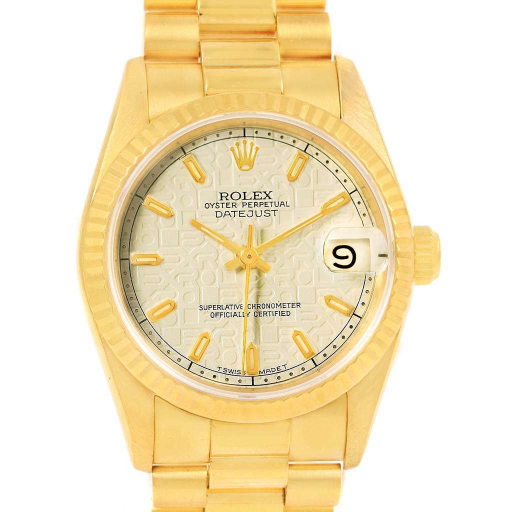 The image shows a front view of a Rolex President 68278 Women's Yellow Gold Beige Dial 68278 Women's Yellow Gold Beige Dial model Datejust, displaying its gold band, bezel, dial, and date window.