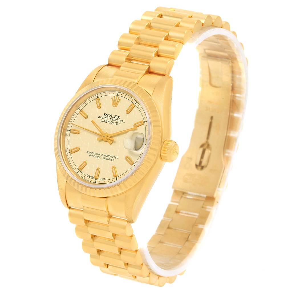 The image shows a side-angle view of a Rolex President 68278 Women's Yellow Gold Beige Dial 68278 Women's Yellow Gold Beige Dial model watch, highlighting the bracelet, dial, and crown.