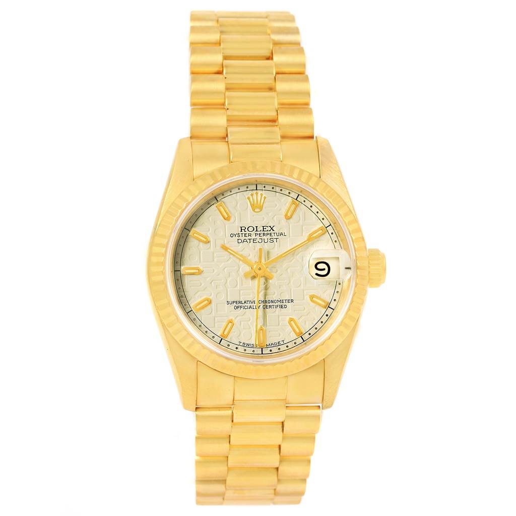 This image shows a front angle of a Rolex President 68278 Women's Yellow Gold Beige Dial 68278 Women's Yellow Gold Beige Dial model watch, highlighting its face, bracelet, and the date indicator.