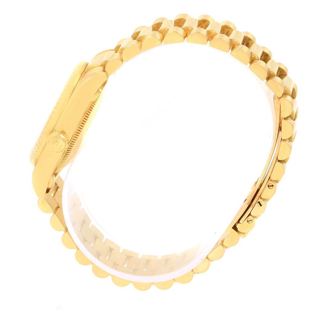 The image shows a side view of the Rolex President 68278 Women's Yellow Gold Beige Dial 68278 Women's Yellow Gold Beige Dial model watch, focusing on its gold case and bracelet links.