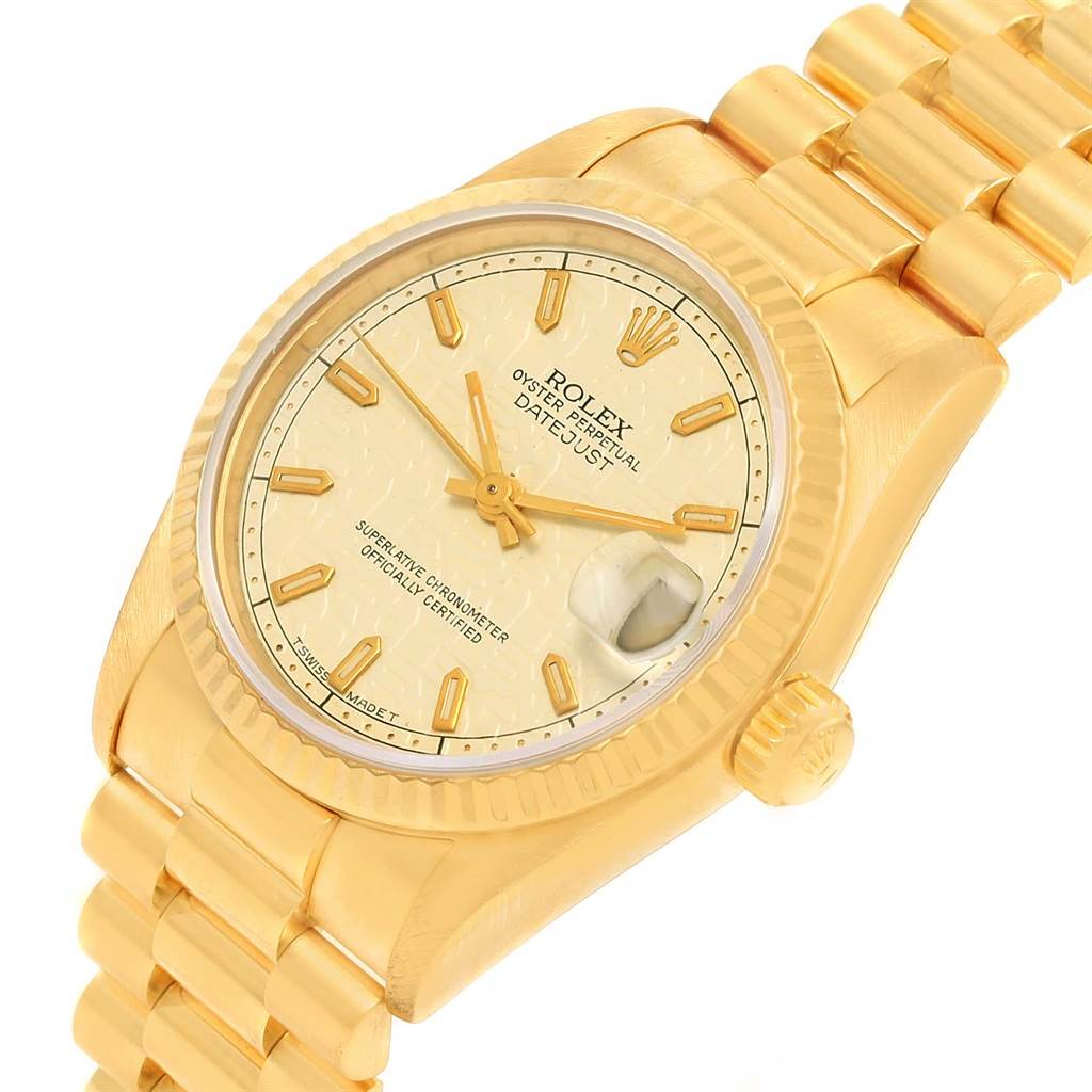 The image shows a close-up of the dial, bezel, crown, and part of the bracelet of the Rolex President 68278 Women's Yellow Gold Beige Dial 68278 Women's Yellow Gold Beige Dial Datejust watch.