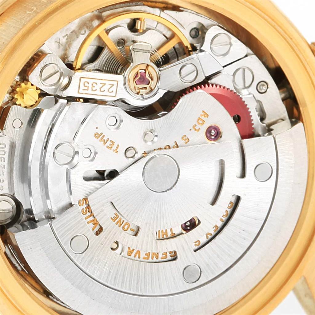 The image shows a close-up view of the movement mechanism inside a Rolex President 79178 Women's Yellow Gold Mother of Pearl Dial 79178 Women's Yellow Gold Mother of Pearl Dial model watch.