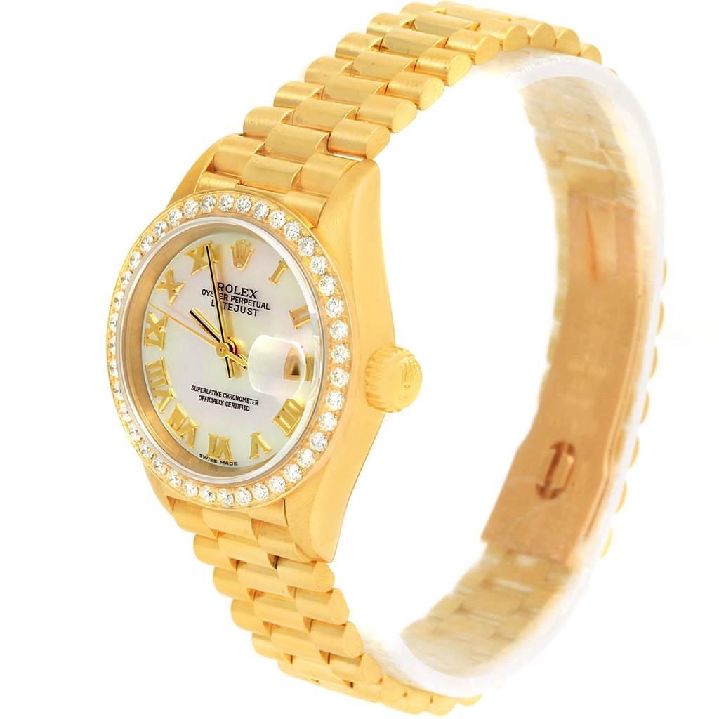 The image shows a Rolex President 79178 Women's Yellow Gold Mother of Pearl Dial 79178 Women's Yellow Gold Mother of Pearl Dial model watch at a slight angle, highlighting its gold bezel, dial, and bracelet.