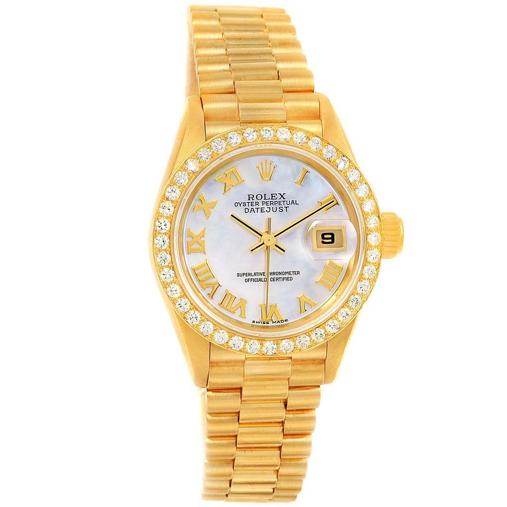 This Rolex President 79178 Women's Yellow Gold Mother of Pearl Dial 79178 Women's Yellow Gold Mother of Pearl Dial model watch is shown from a frontal angle, highlighting its bracelet, dial, bezel, and crown.
