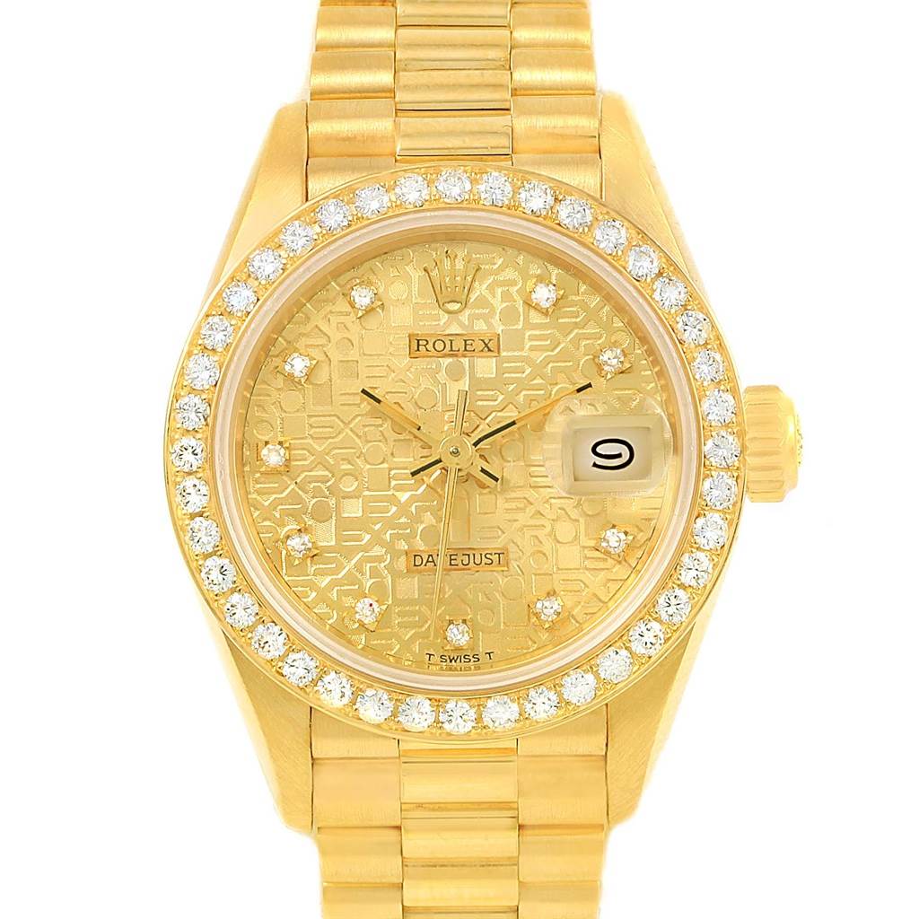 The image shows a front angle of the Rolex President 69138 Women's Yellow Gold Champagne Dial 69138 Women's Yellow Gold Champagne Dial model watch, featuring its bezel, dial, and part of the bracelet.
