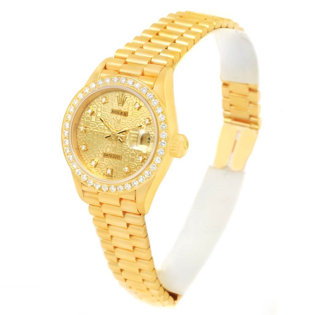 The image shows a side and front angle of a Rolex President 69138 Women's Yellow Gold Champagne Dial 69138 Women's Yellow Gold Champagne Dial model watch, highlighting its gold band and diamond-encrusted bezel.