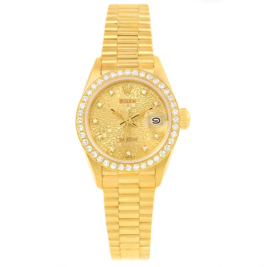 The Rolex President 69138 Women's Yellow Gold Champagne Dial 69138 Women's Yellow Gold Champagne Dial model watch is shown from the front, featuring its dial, bezel, crown, and bracelet.
