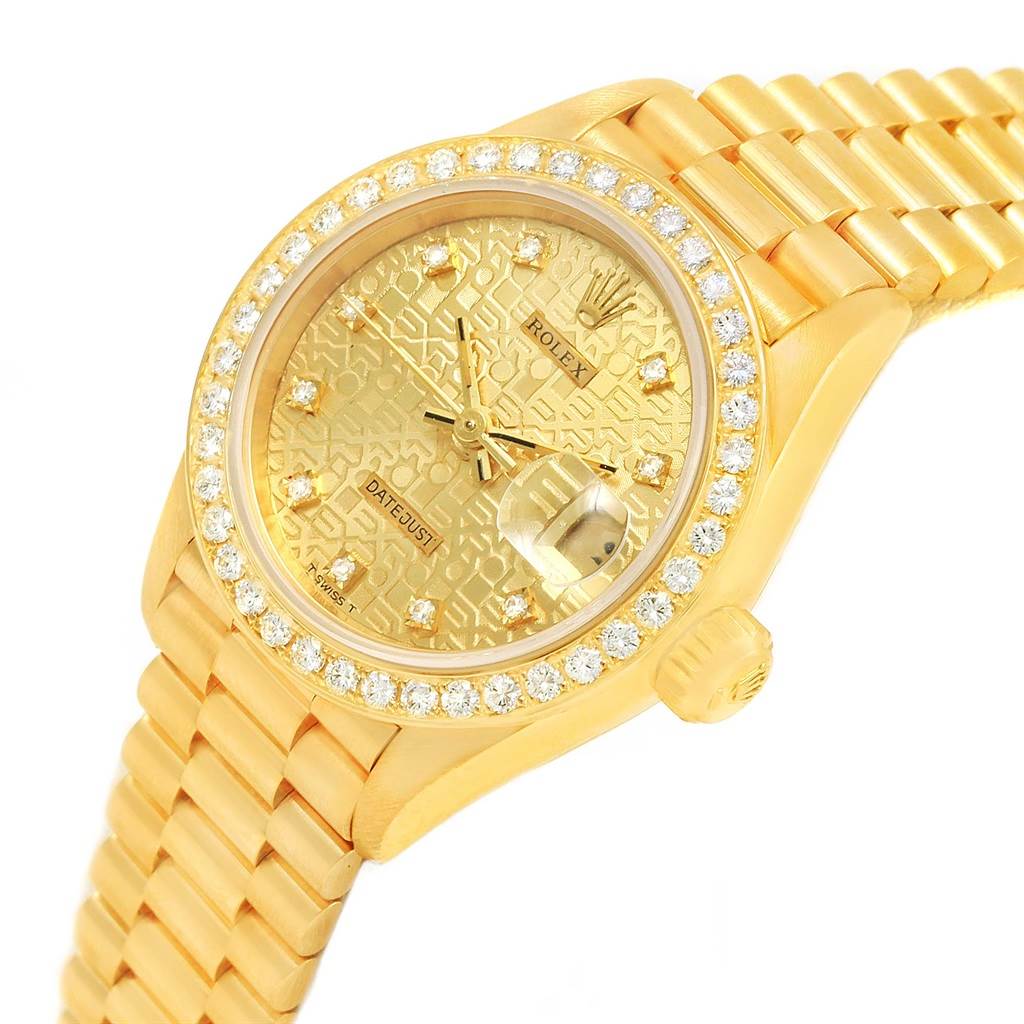 The image shows a close-up, angled view of the dial and bracelet of a Rolex President 69138 Women's Yellow Gold Champagne Dial 69138 Women's Yellow Gold Champagne Dial watch.