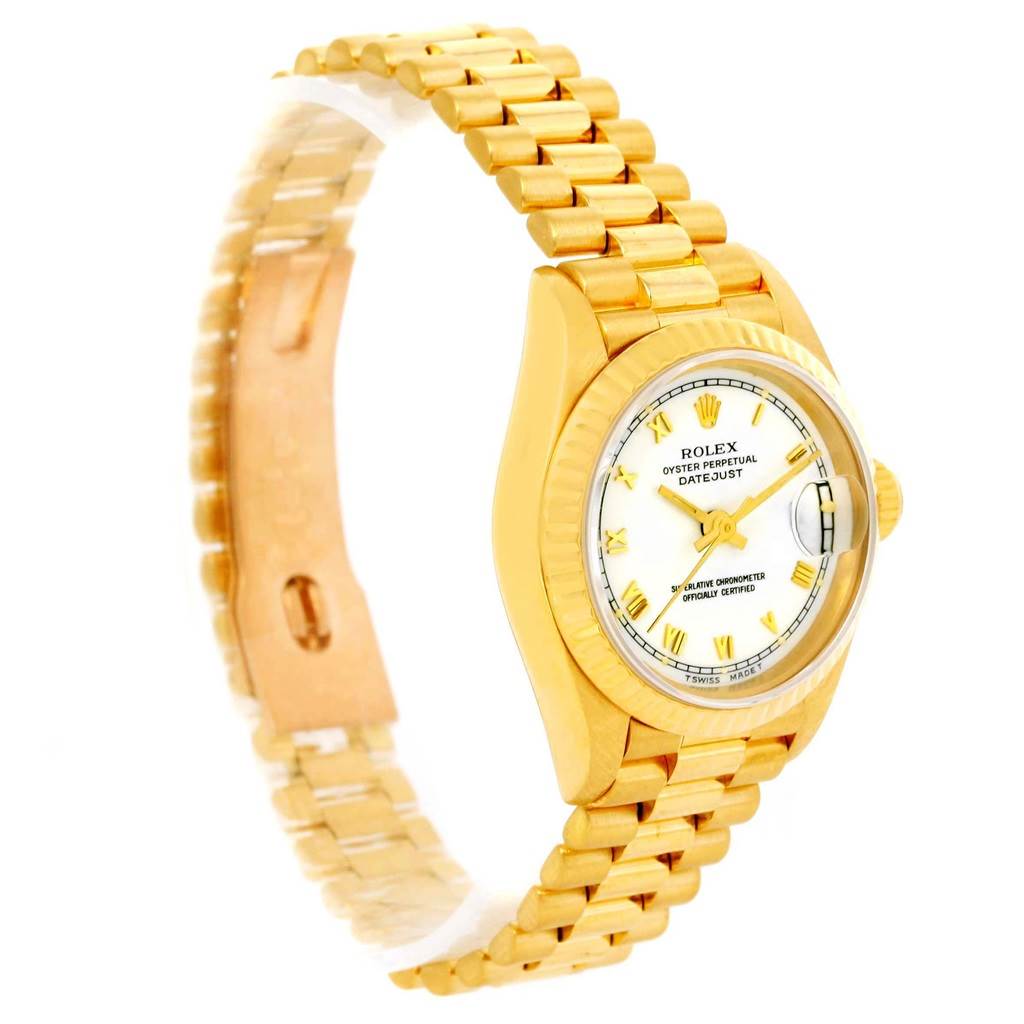 The image shows a Rolex President 69178 Women's Yellow Gold White Dial 69178 Women's Yellow Gold White Dial model watch at a three-quarter angle, highlighting the band, face, and crown.