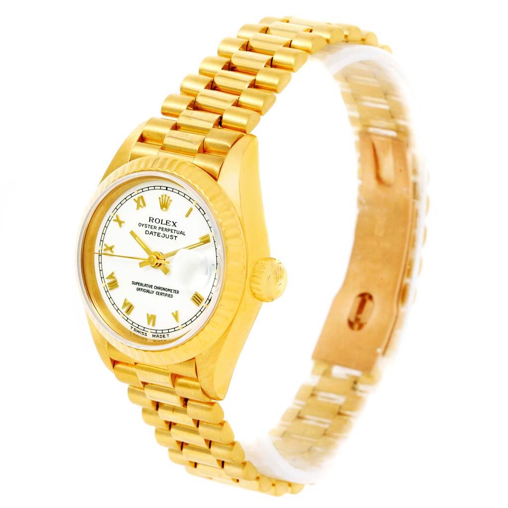 The Rolex President 69178 Women's Yellow Gold White Dial 69178 Women's Yellow Gold White Dial model watch is shown at a three-quarter angle displaying its gold case, dial, crown, and bracelet.
