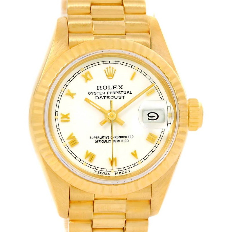 Rolex President Datejust Yellow Gold White Roman Dial Ladies Watch 69178 SwissWatchExpo