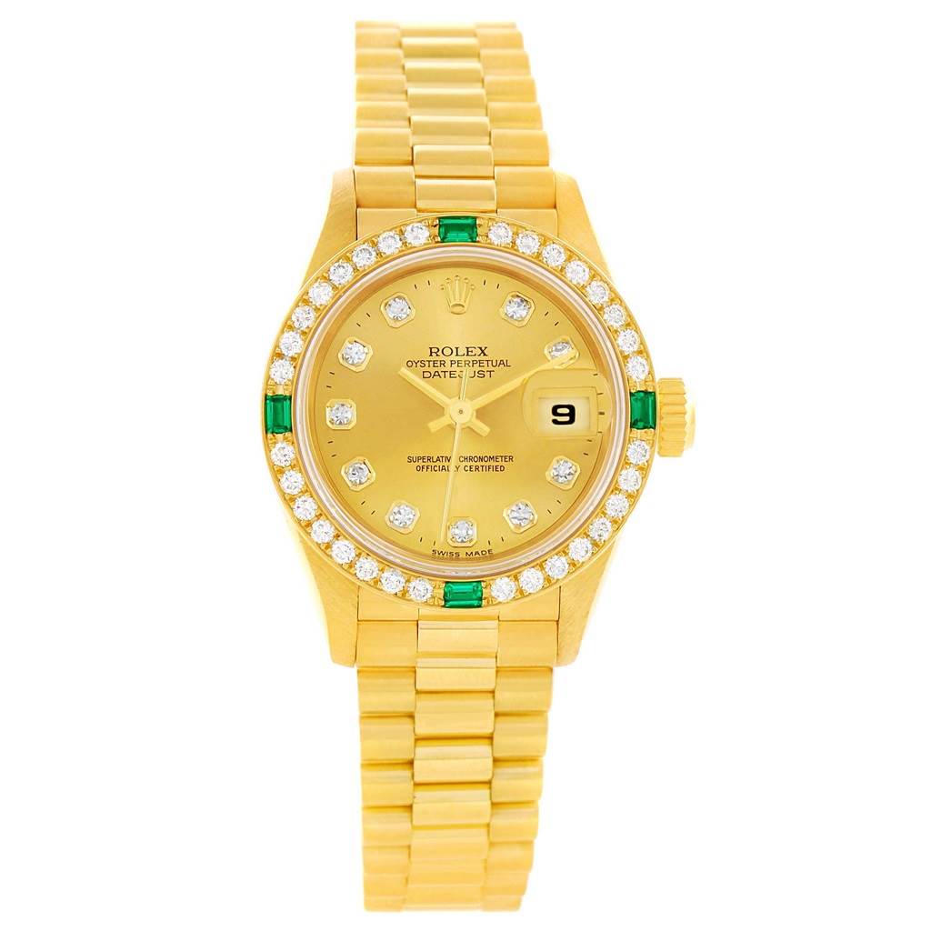 The image shows a Rolex President 69078 Women's Yellow Gold Champagne Dial 69078 Women's Yellow Gold Champagne Dial model watch from a front angle, highlighting the watch dial, bezel, and bracelet.