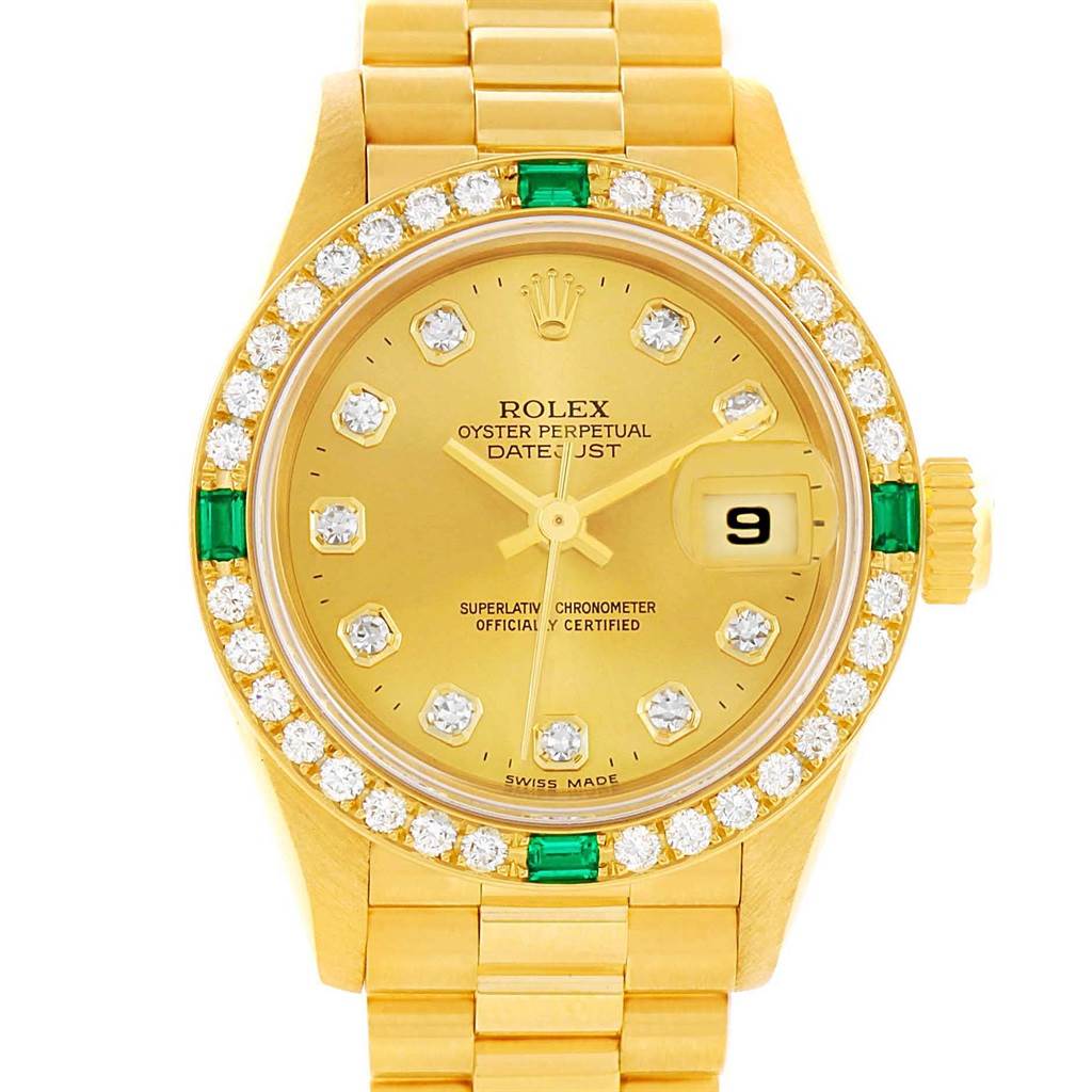 The image shows a front view of a Rolex President 69078 Women's Yellow Gold Champagne Dial 69078 Women's Yellow Gold Champagne Dial model watch, highlighting its gold case, diamond bezel, and bracelet.