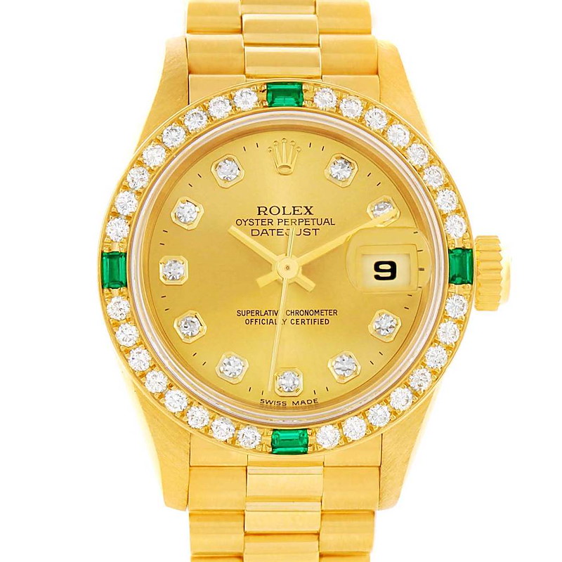 Rolex President Datejust Yellow Gold Diamond Emerald Ladies Watch 69078 SwissWatchExpo