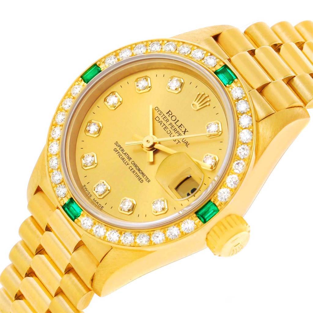 The Rolex President 69078 Women's Yellow Gold Champagne Dial 69078 Women's Yellow Gold Champagne Dial model watch is shown at an angled top-down view, highlighting its face, bezel, crown, and part of the bracelet.