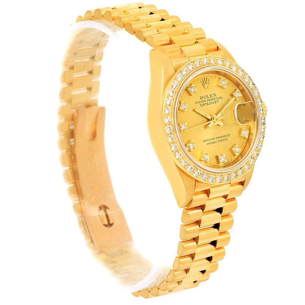 The image shows a Rolex President 69138 Women's Yellow Gold Champagne Dial 69138 Women's Yellow Gold Champagne Dial model watch at a three-quarter angle, highlighting the face, bezel, and part of the bracelet.