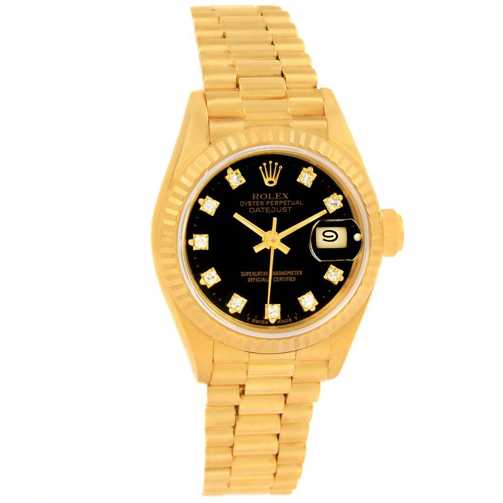 The image shows a front view of a Rolex President 69178 Women's Yellow Gold Black Dial 69178 Women's Yellow Gold Black Dial Datejust watch, featuring a gold bracelet and a black dial with diamond hour markers.