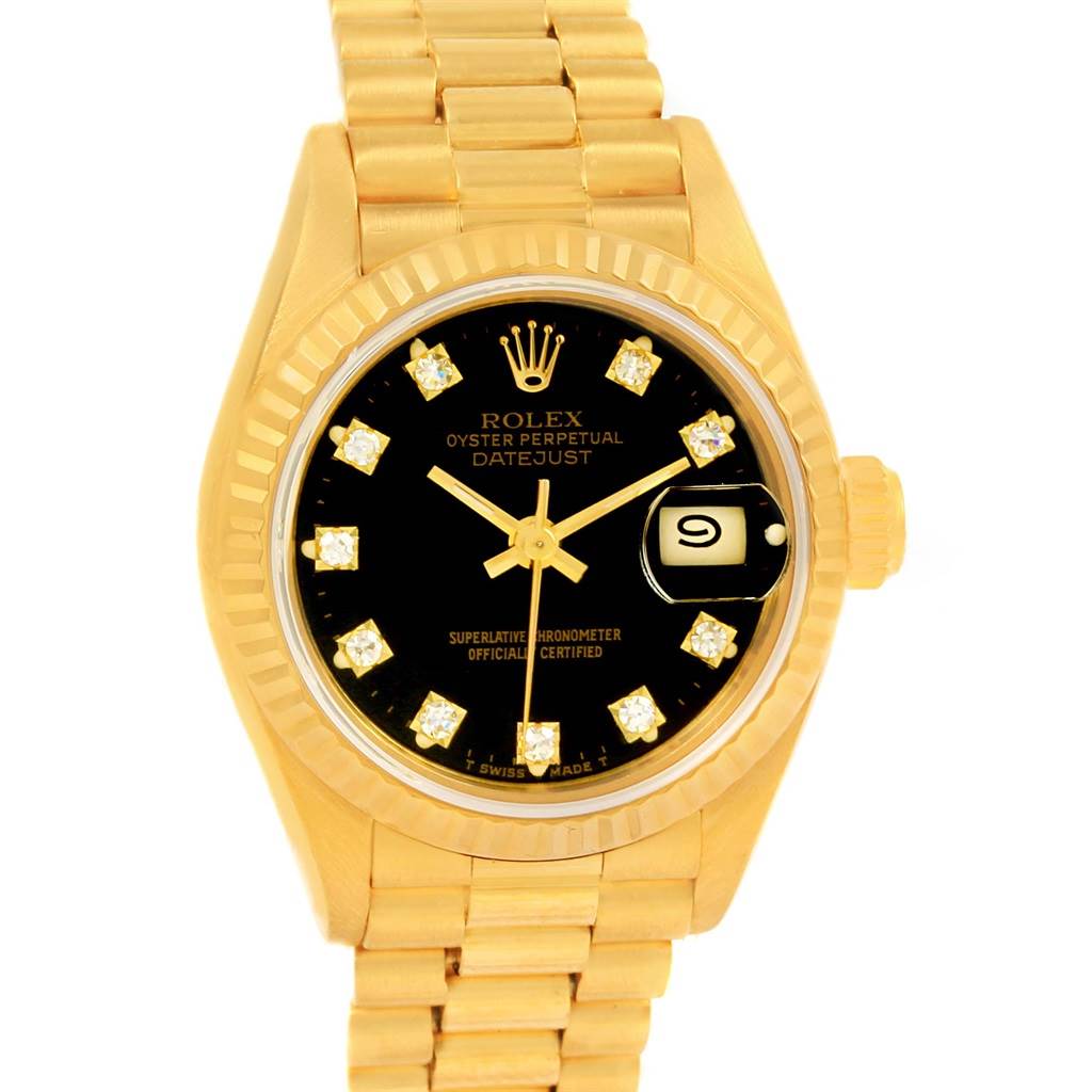 This image shows a front view of a Rolex President 69178 Women's Yellow Gold Black Dial 69178 Women's Yellow Gold Black Dial model watch, displaying its dial, bezel, crown, and bracelet.