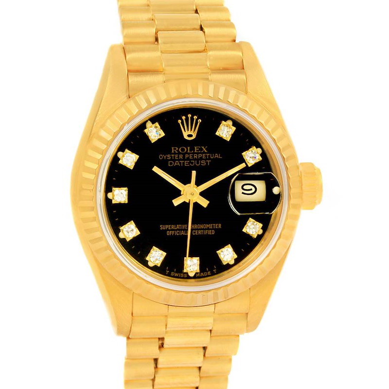 Rolex President Ladies Yellow Gold Black Diamond Dial Watch 69178 SwissWatchExpo