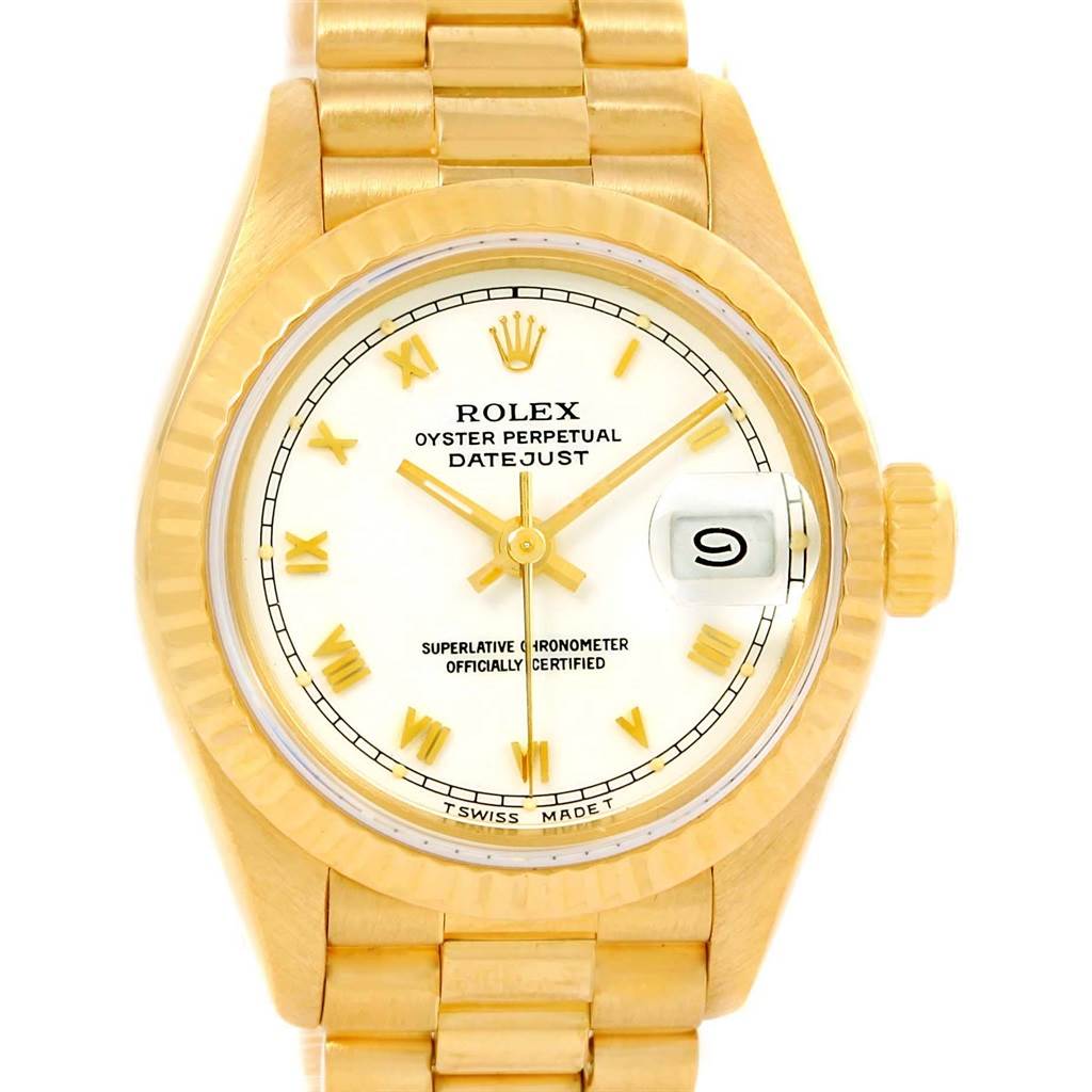 This image shows a Rolex President 79258 Women's Yellow Gold White Dial 79258 Women's Yellow Gold White Dial model watch from the front, highlighting the face, bezel, and bracelet.