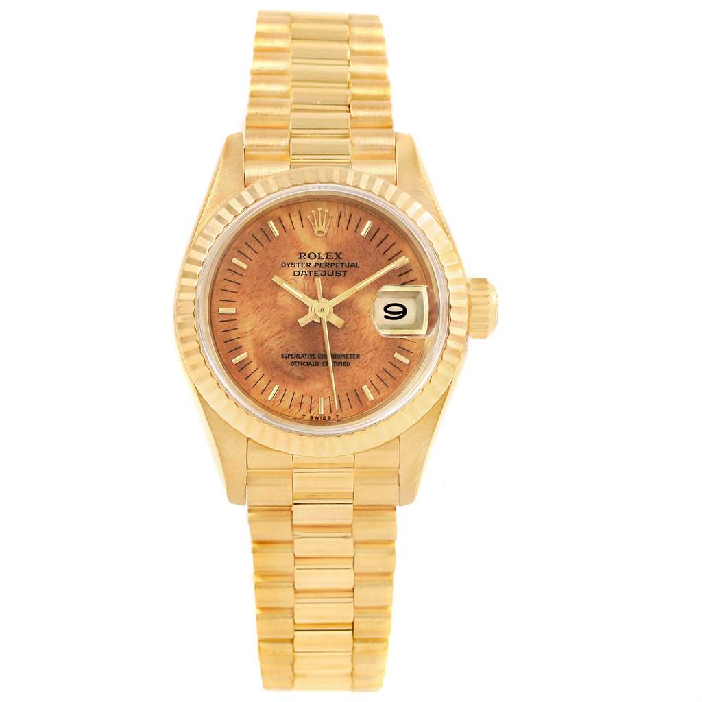 The Rolex President 69178 Women's Yellow Gold Brown Dial 69178 Women's Yellow Gold Brown Dial model watch is shown from the front, featuring its dial, bezel, bracelet, and date display.